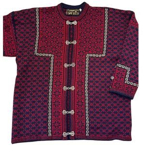 VTG Norleander Norwegian Pure New Wool Sweater M Red Navy Nordic Knit fair isle
